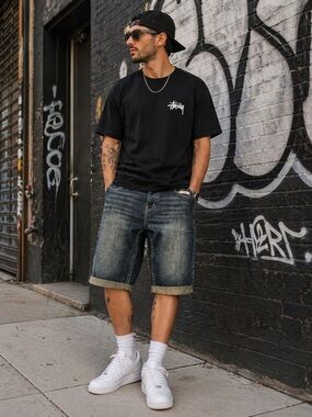 Tokyo Laundry Denim Shorts 32 Y2K Streetwear Baggy Skater Dark Wash